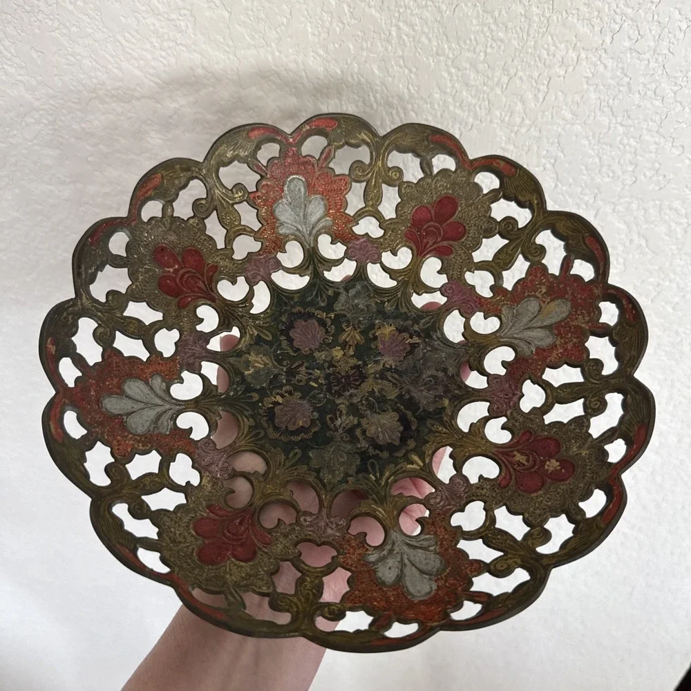 VINTAGE INDIA BRASS ENAMELED OPENWORK BOWL